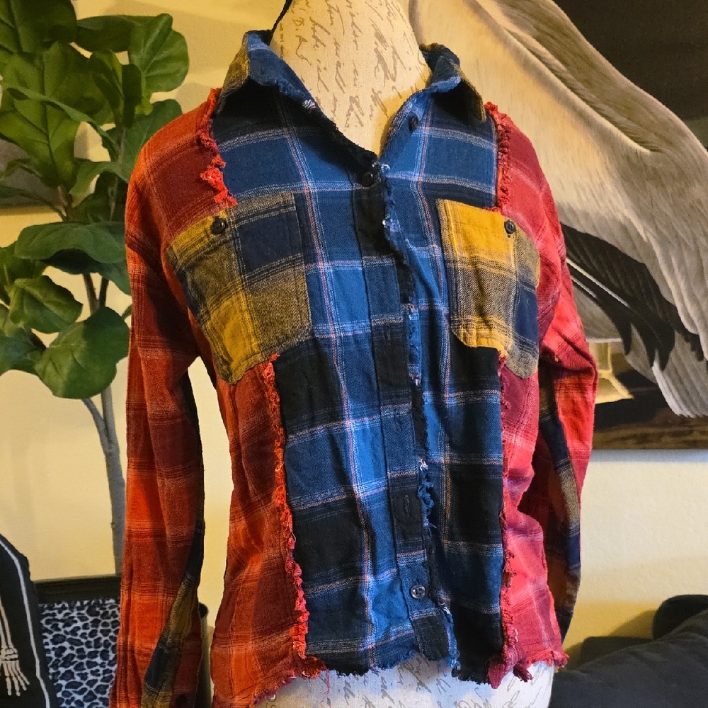 Taxi Plaid Patchwork Flannel Button Down Cotton Top
